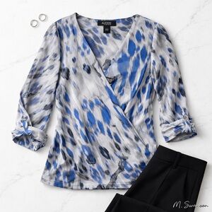 Alfani Petite Large Abstract Print Blouson Blouse Blue Gray Lined NWOT